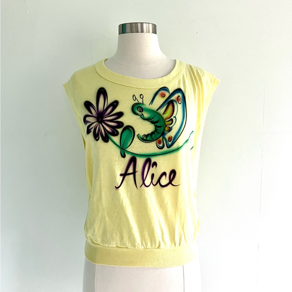 Vintage 70’s Alice butterfly airbrush yellow pop over top shirt tee tank